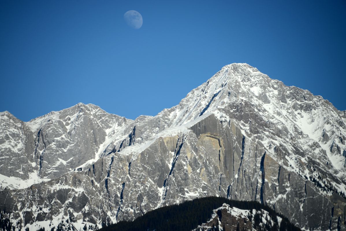 28A Mount Ishbel With Moon Afternoon From Trans Canada Highway Driving Between Banff And Lake Louise in Winter